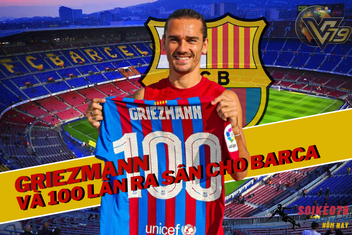 Griezmann ăn mừng trận đấu thứ 100 với Barca